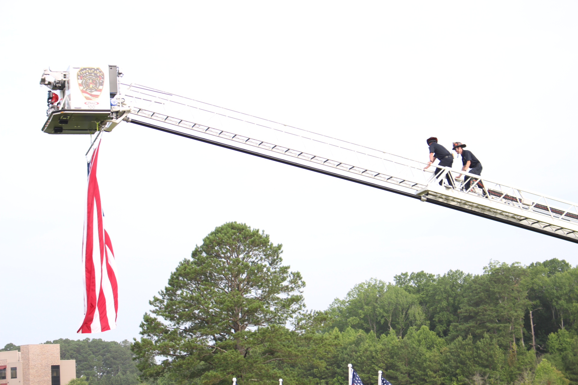 Cleveland Fire Department, Clayton NC Flags For Heroes 020 Cleveland Fire Department using their ladder truck to fly a huge flag at Flags For Heroes 2020