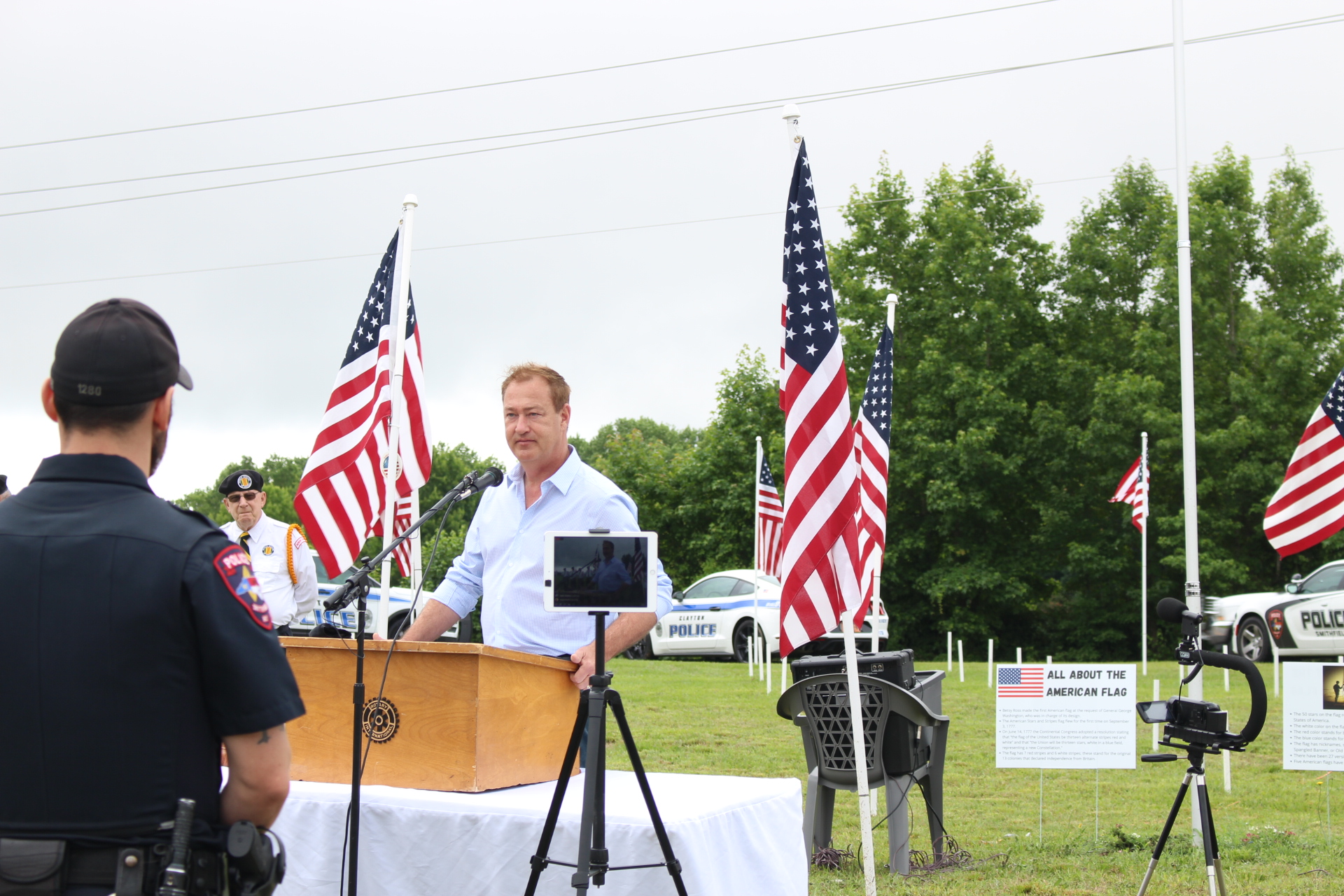 Town of Clayton Mayor Jody McLeod Town of Clayton Mayor Jody McLeod speaks at Opening Ceremonies of JoCo Flags for Heroes 2021