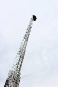 View from the ground of the Ladder Truck in Action at Clayton Fire Department Station 1